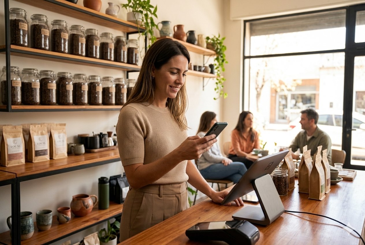 Comerciante usando WhatsApp en su negocio